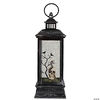 Northlight 11" Black and Brushed Silver LED Skull Head Halloween Snow Globe Lantern