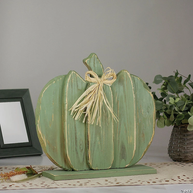 Northlight 14" Green Slatted Halloween Table Top Pumpkin with Bow