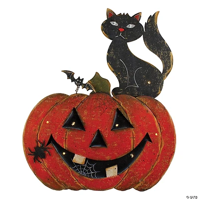 Northlight 14" Lighted Orange and Black Smiling Pumpkin With a Cat and Bats Halloween Tabletop Decor
