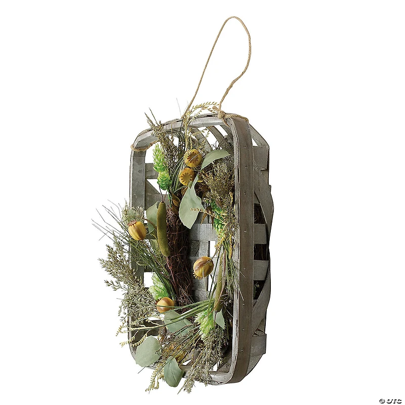 Northlight 16 Autumn Harvest Green Hop and Cattail Grapevine Wreath in a Wooden Tray Hanger
