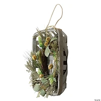 Northlight 16 Autumn Harvest Green Hop and Cattail Grapevine Wreath in a Wooden Tray Hanger