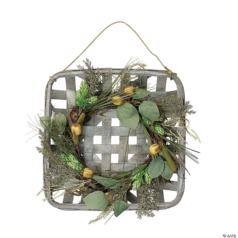 Northlight 16 Autumn Harvest Green Hop and Cattail Grapevine Wreath in a Wooden Tray Hanger
