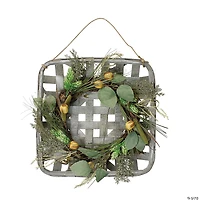Northlight 16 Autumn Harvest Green Hop and Cattail Grapevine Wreath in a Wooden Tray Hanger