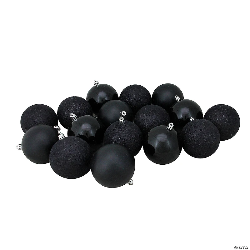 Northlight 16ct Jet Black 4-Finish Shatterproof Christmas Ball Ornaments 3" (75mm)