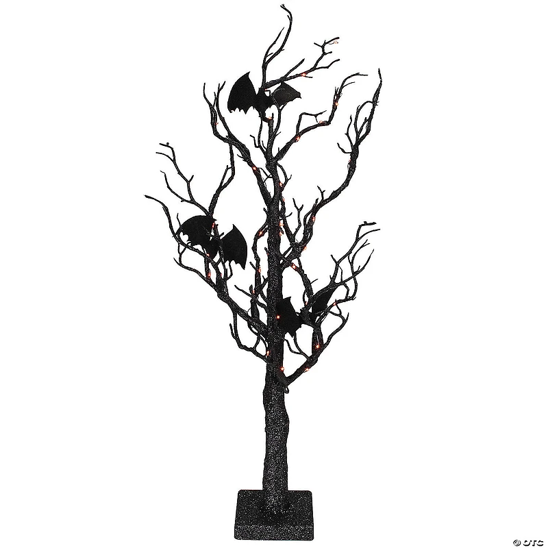 Northlight 26" Black Glitter LED Tabletop Halloween Tree with Bats