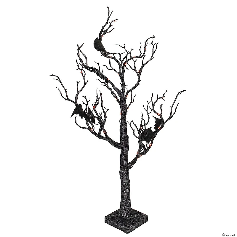 Northlight 26" Black Glitter LED Tabletop Halloween Tree with Bats