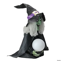 Northlight 26" Pre-Lit Black and Green Sitting Fortune Witch with Magic Ball Halloween Decor