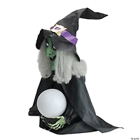 Northlight 26" Pre-Lit Black and Green Sitting Fortune Witch with Magic Ball Halloween Decor