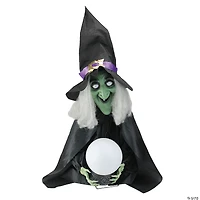 Northlight 26" Pre-Lit Black and Green Sitting Fortune Witch with Magic Ball Halloween Decor