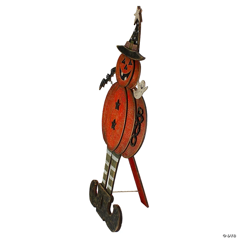 Northlight 28" Lighted Standing Pumpkin With A Ghost And Bat Halloween Tabletop Decor