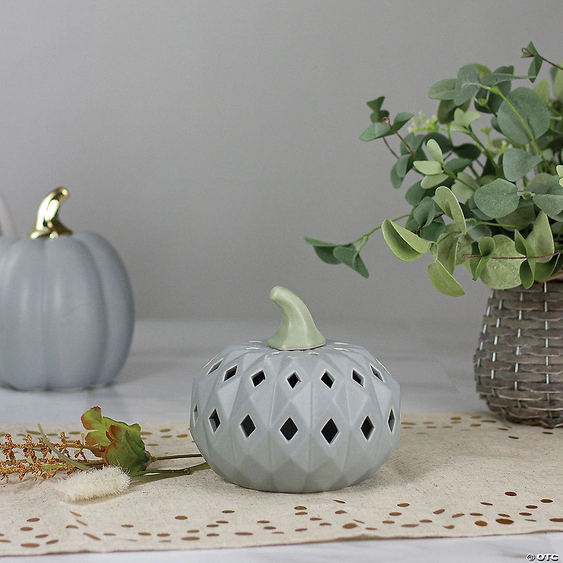 Northlight 5" Gray and Green Lighted Fall Harvest Ceramic Pumpkin