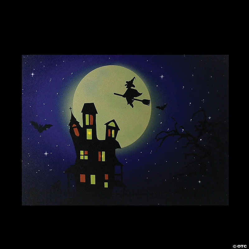 Northlight Fiber Optic and LED Lighted Witch in the Moon Halloween Canvas Wall Art 12" x 15.75"