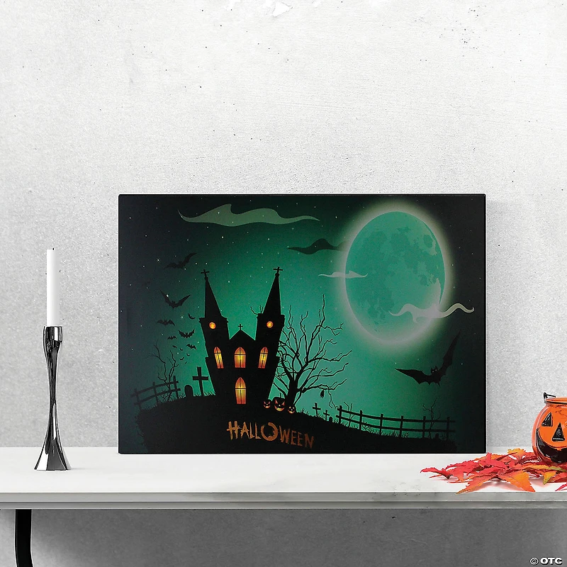 Northlight Green and Black LED Lighted Eerie Church in Cemetery Halloween Canvas Wall Art 23.5" x 15.5"