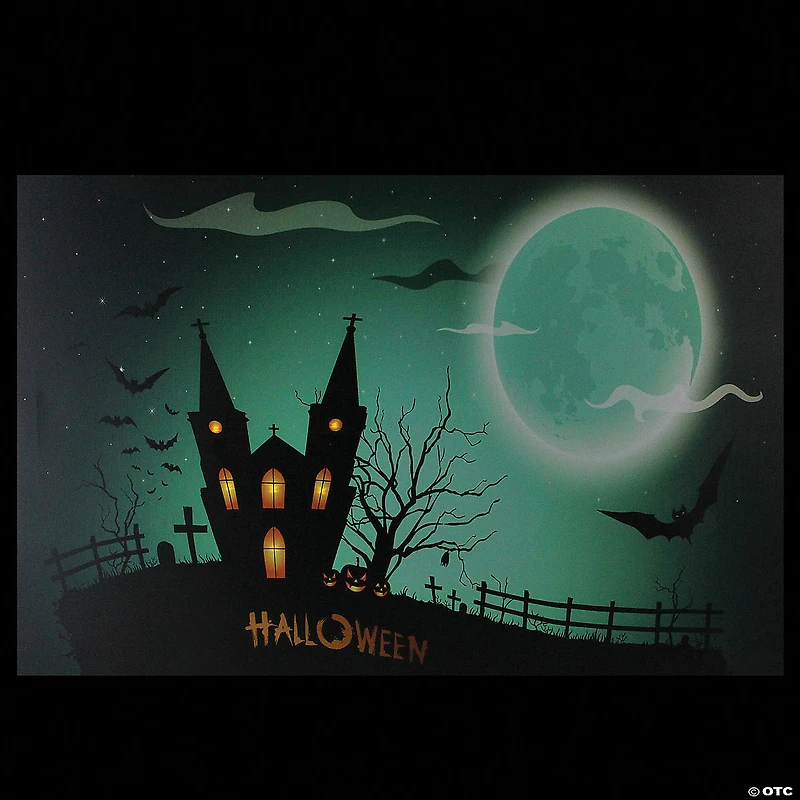 Northlight Green and Black LED Lighted Eerie Church in Cemetery Halloween Canvas Wall Art 23.5" x 15.5"