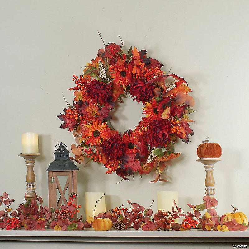 Northlight Leaves and Flowers Fall Harvest Wreath - 24-Inch  Unlit