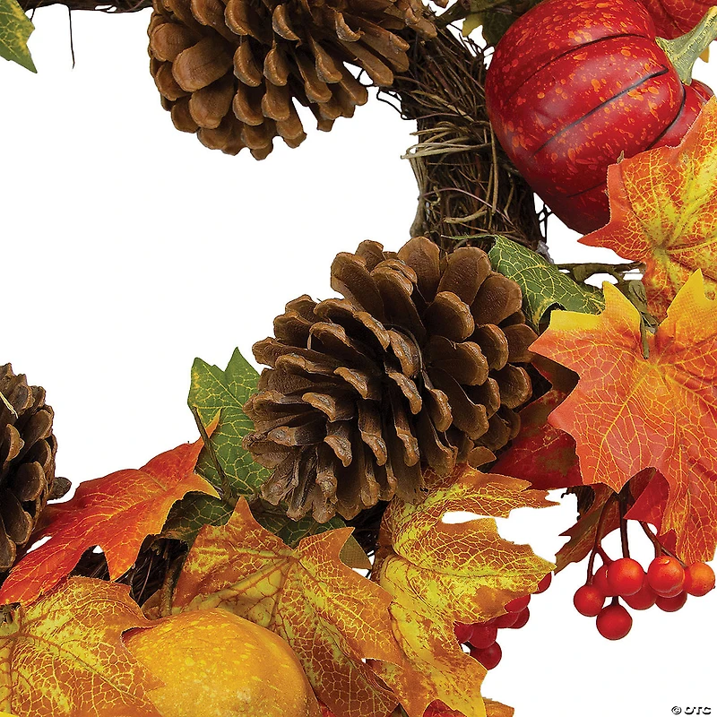 Northlight Leaves  Pine Cones and Pumpkins Artificial Fall Harvest Wreath - 20-Inch  Unlit