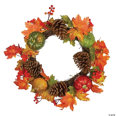 Northlight Leaves  Pine Cones and Pumpkins Artificial Fall Harvest Wreath - 20-Inch  Unlit