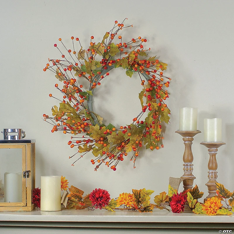 Northlight Orange Berries and Yellow Leaves Fall Harvest Artificial Wreath  22"