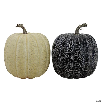 Northlight Set of 2 Black and Beige Fall Harvest Tabletop Pumpkins With a Brown Stem 7"