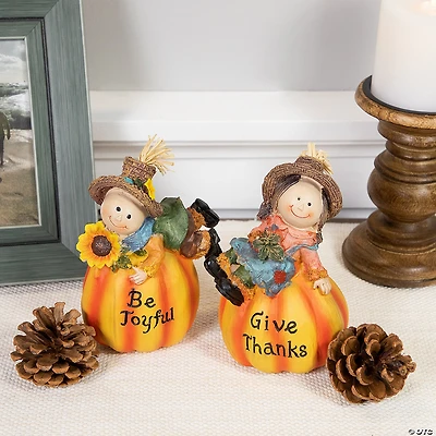 Northlight Set of 2 Girl and Boy Scarecrow Pumpkins With Sunflowers and Leaf's Fall Figurines - 6.5"