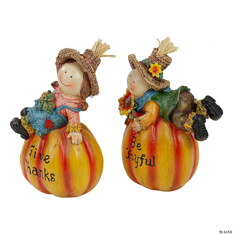 Northlight Set of 2 Girl and Boy Scarecrow Pumpkins With Sunflowers and Leaf's Fall Figurines - 6.5"