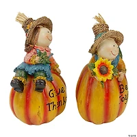 Northlight Set of 2 Girl and Boy Scarecrow Pumpkins With Sunflowers and Leaf's Fall Figurines - 6.5"