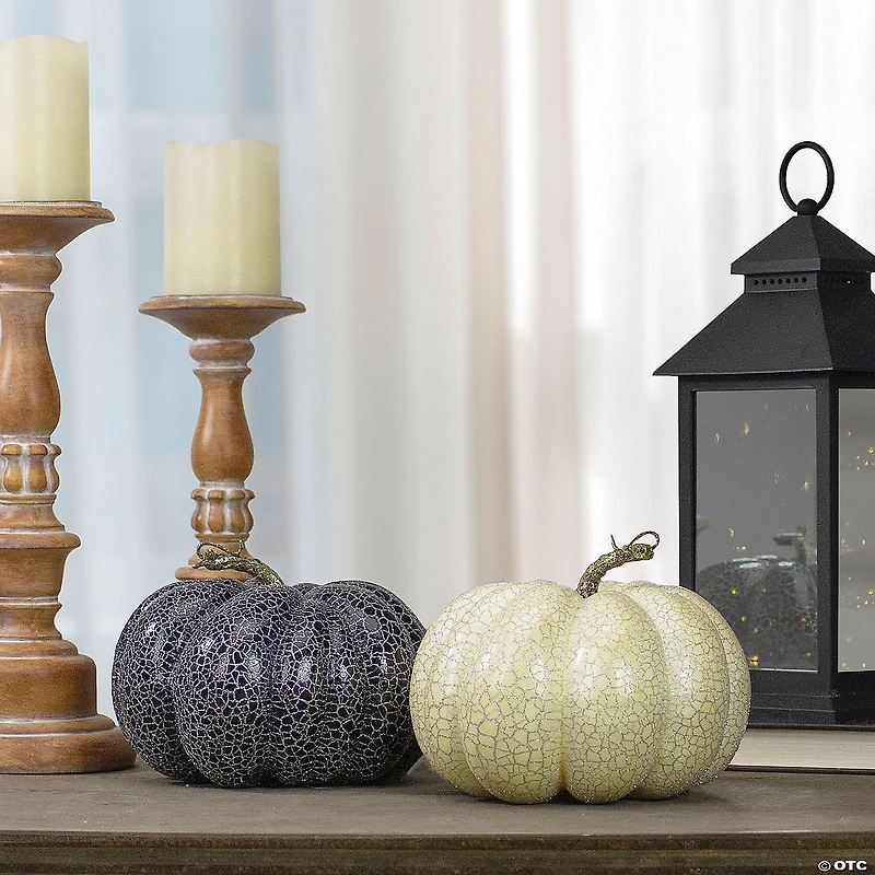 Northlight Set of 2 White and Black Fall Harvest Tabletop Pumpkins 7"