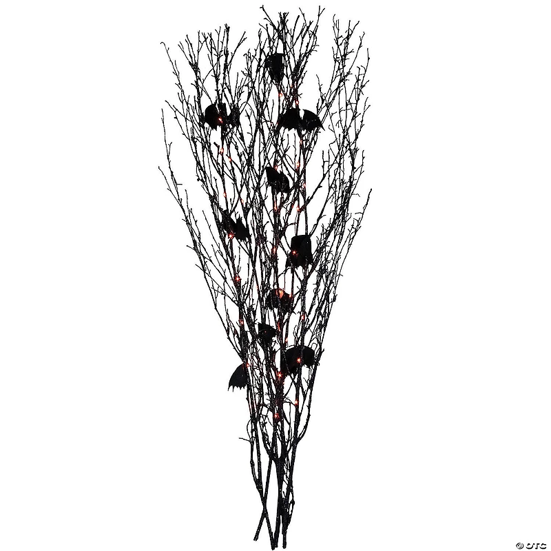 Northlight Set of 5 Black Glittered Halloween Branches with Bats 4' - Orange LED Lights