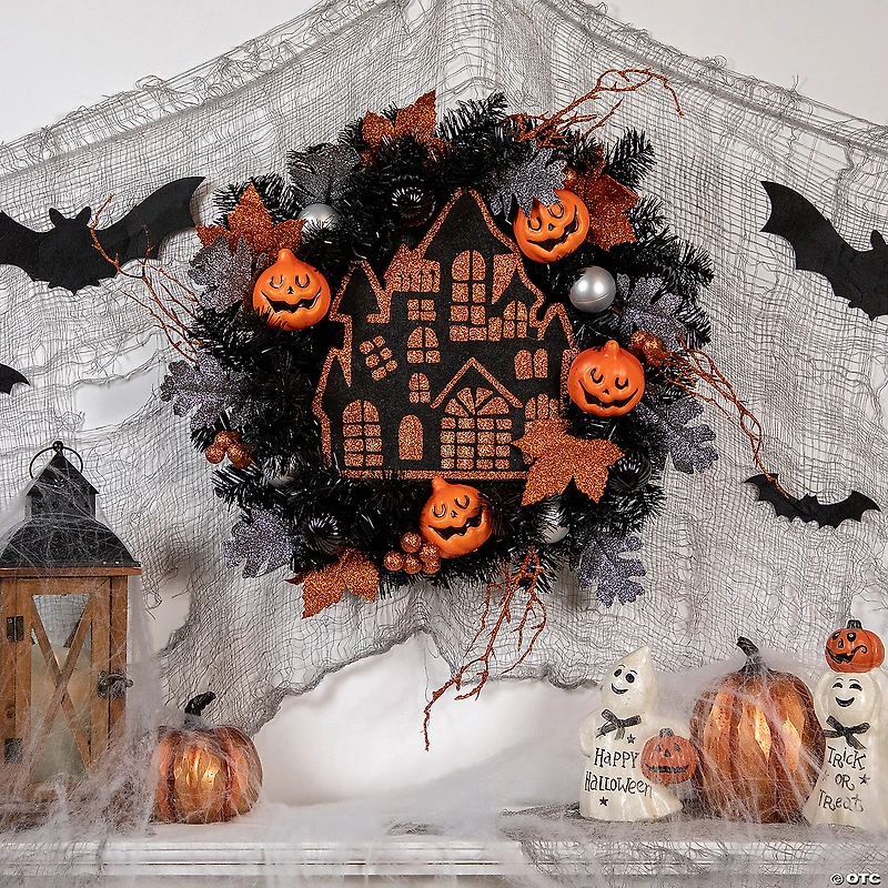 Orange and Black Haunted House Halloween Wreath  24-Inch  Unlit