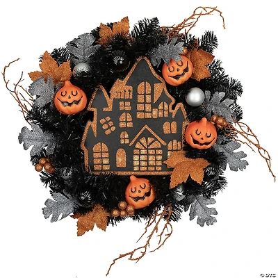 Orange and Black Haunted House Halloween Wreath  24-Inch  Unlit