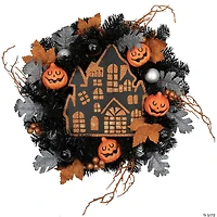 Orange and Black Haunted House Halloween Wreath  24-Inch  Unlit