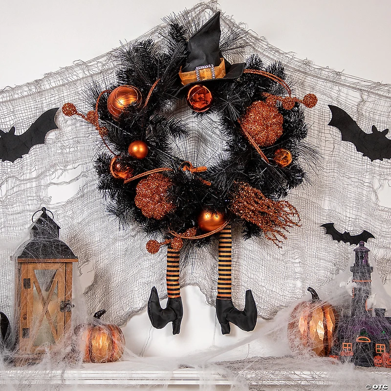 Orange and Black Witch and Pumpkins Halloween Wreath  24-Inch  Unlit