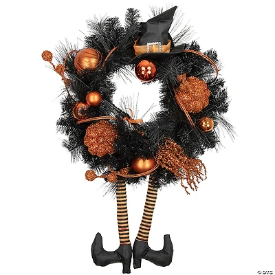 Orange and Black Witch and Pumpkins Halloween Wreath  24-Inch  Unlit