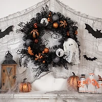 Orange Ornaments and Ghost Halloween Pine Wreath  24-Inch  Unlit