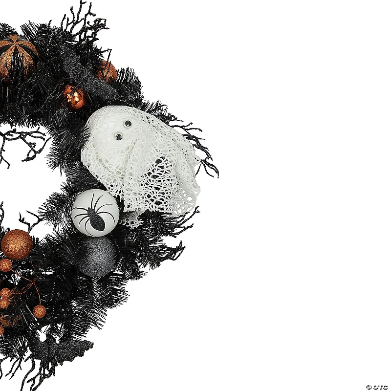 Orange Ornaments and Ghost Halloween Pine Wreath  24-Inch  Unlit