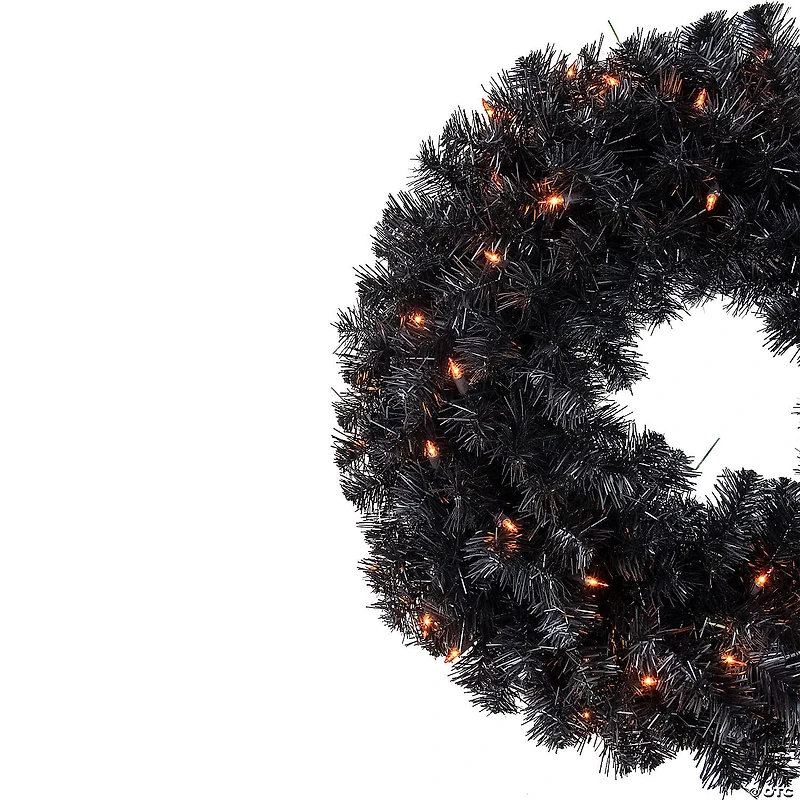 Pre-Lit Black Noble Spruce Artificial Halloween Wreath  24-Inch  Orange Lights