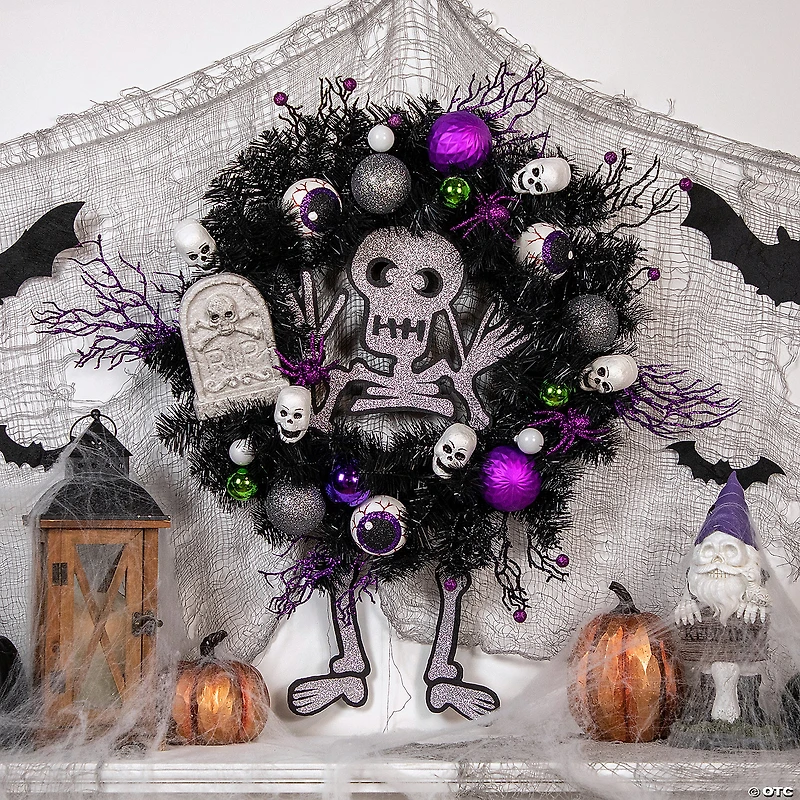 Purple and Black Spooky Skeleton Pine Halloween Wreath  24-Inch  Unlit