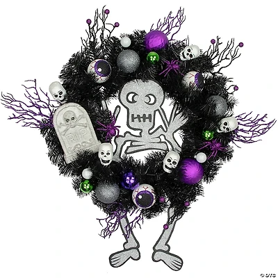 Purple and Black Spooky Skeleton Pine Halloween Wreath  24-Inch  Unlit