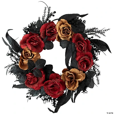 Red and Gold Roses with Black Foliage Halloween Wreath  22-Inch  Unlit