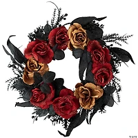 Red and Gold Roses with Black Foliage Halloween Wreath  22-Inch  Unlit
