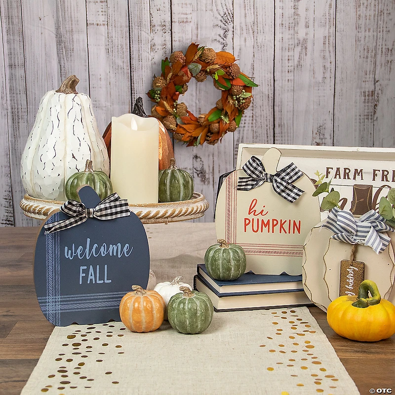 Set of 2 Blue and Beige Fall Harvest Wooden Pumpkin Welcome Plaques 8"