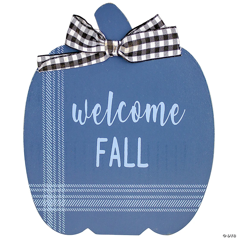 Set of 2 Blue and Beige Fall Harvest Wooden Pumpkin Welcome Plaques 8"