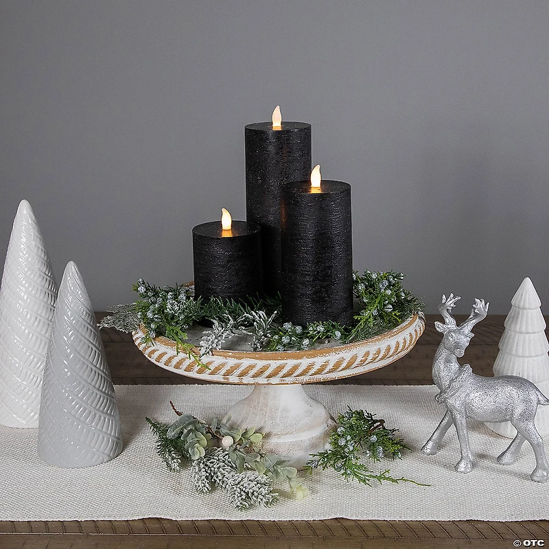 Set of 3 Flameless Solid Black Flickering LED Halloween Wax Pillar Candles 8"