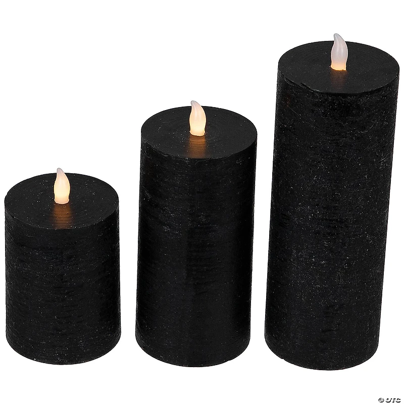 Set of 3 Flameless Solid Black Flickering LED Halloween Wax Pillar Candles 8"