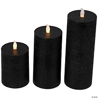 Set of 3 Flameless Solid Black Flickering LED Halloween Wax Pillar Candles 8"
