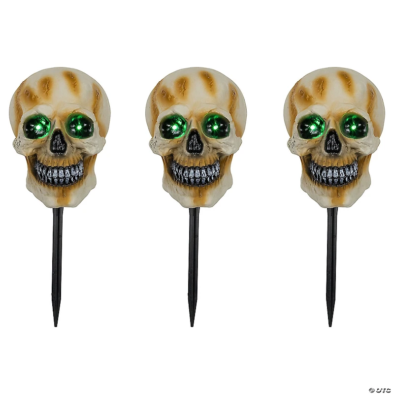 Set of 3 Lighted Skeleton Head Halloween Pathway Markers with Sound - Battery Operated