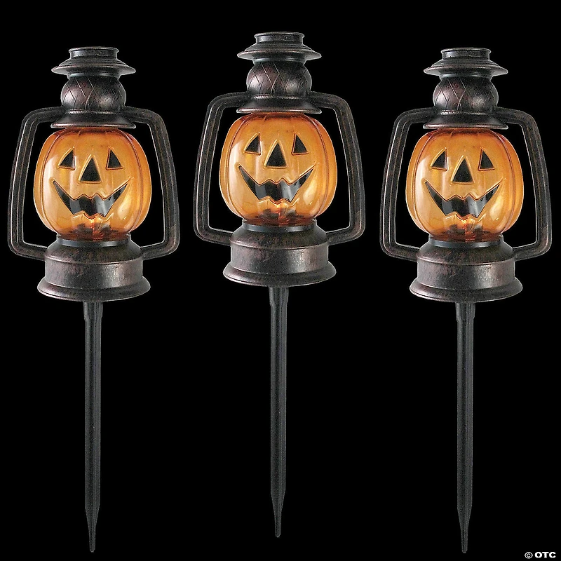 Set of 3 Orange Flickering Halloween Jack O’ Lantern Pathway Markers Outdoor Decor