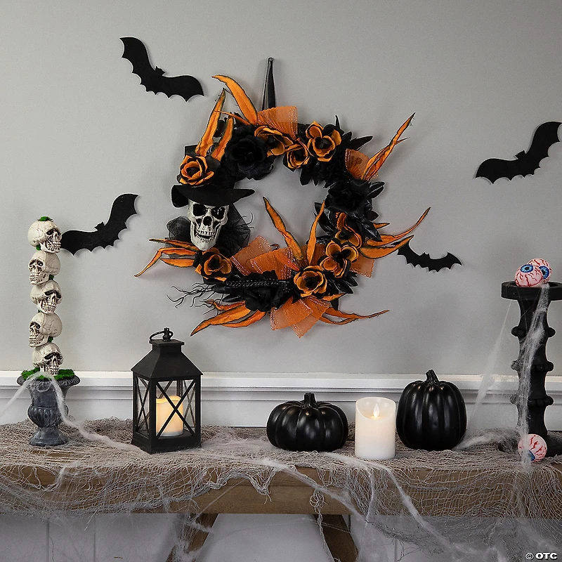Skull with Black and Orange Roses Halloween Wreath  14-Inch  Unlit