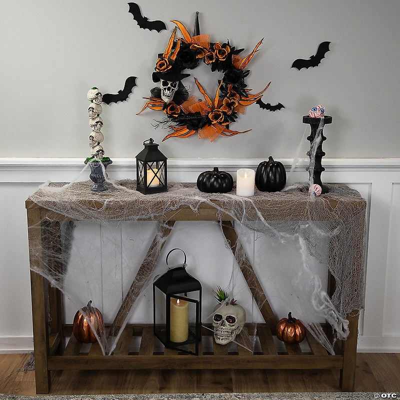 Skull with Black and Orange Roses Halloween Wreath  14-Inch  Unlit