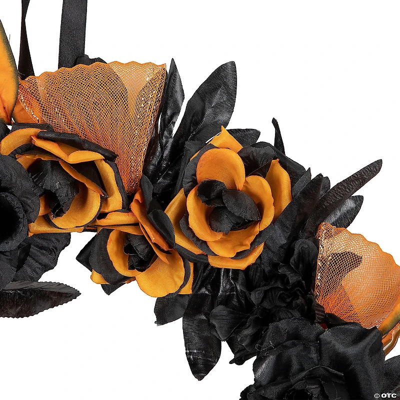 Skull with Black and Orange Roses Halloween Wreath  14-Inch  Unlit